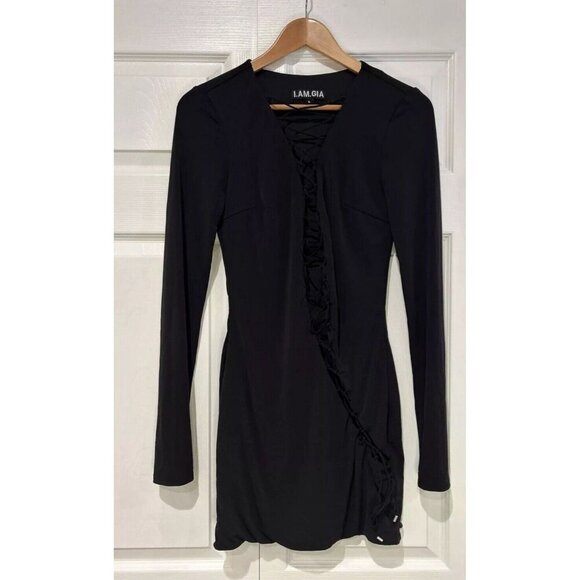 I.AM.GIA‎ Womens Dress L Black Long Sleeve Mini  Lace Up Front Party Cocktail - Picture 2 of 9